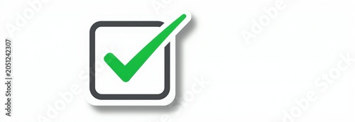 Simple square box with thick gray border shows bright green checkmark. Indicates completion positive choice or yes option for surveys forms and apps. Graphic symbol for agreement success.