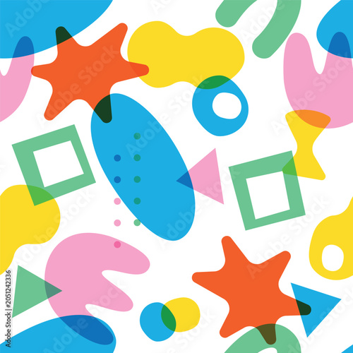 Abstract geometric seamless pattern background. Colorful Geometric and Organic Shapes Risograph Style