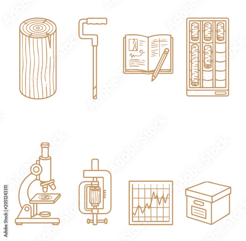 Foto Dendrochronology research set featuring tree trunk, increment borer, laboratory