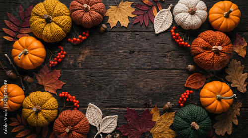 Cozy autumn background with knitted yarn pumpkins and maple leaves on dark wood.