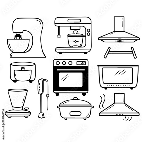 Kitchen Appliances Doodle Icons Set, Black and White Line Art Vector Illustration, Mixer, Blender, Oven, Microwave, Rice Cooker, Hood, Hand Mixer