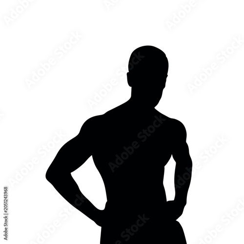 Athletic man silhouette, muscular male torso vector, fitness model body profile, strong man posing with hands on hips, black and white graphic