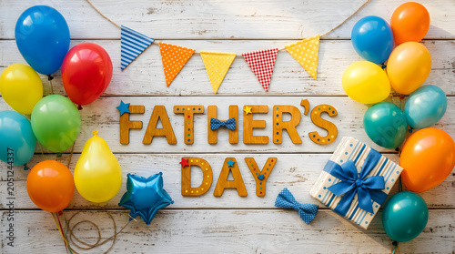 Colorful father's day celebration with balloons and banner