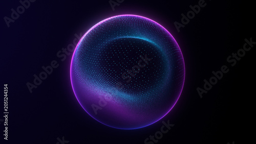 Blue sphere for website. Abstract odern transparent liquid sphere fluorescent glow. Graphic neon mesh sphere dots. Blue and pink liquid 3D sphere dark background.