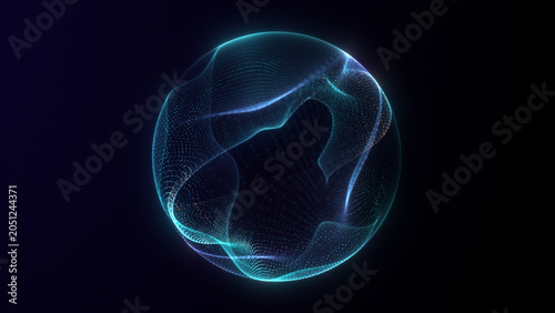 Futuristic holographic core sphere rotation. Blue glowing particle sphere. Abstract digital orb luminous dots plasma waves.