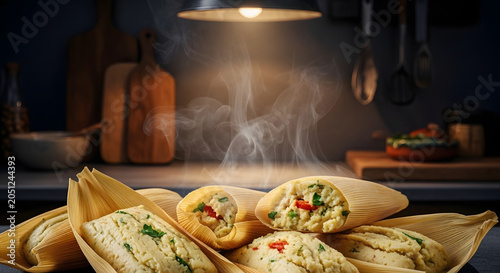Tamales steaming on a rustic kitchen counter provide a warm and authentic culinary presentation.