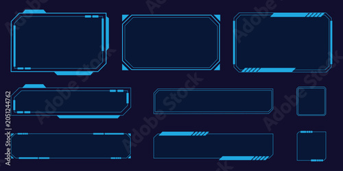 Futuristic HUD Frame and Sci-Fi UI Borders Set. Vector Illustration of Abstract Blue Cyberpunk Screen Interface, Tech Digital Dashboard Element, Gaming Panel, and Geometry Banner Template.