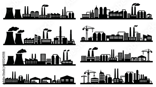 Set of industrial factory skyline silhouettes in black