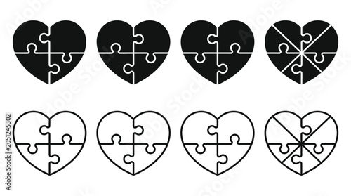 Bild auf Leinwand Heart shaped jigsaw puzzle pieces black and white vector illustration