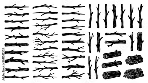Hand drawn tree branches logs and trunks sketch set