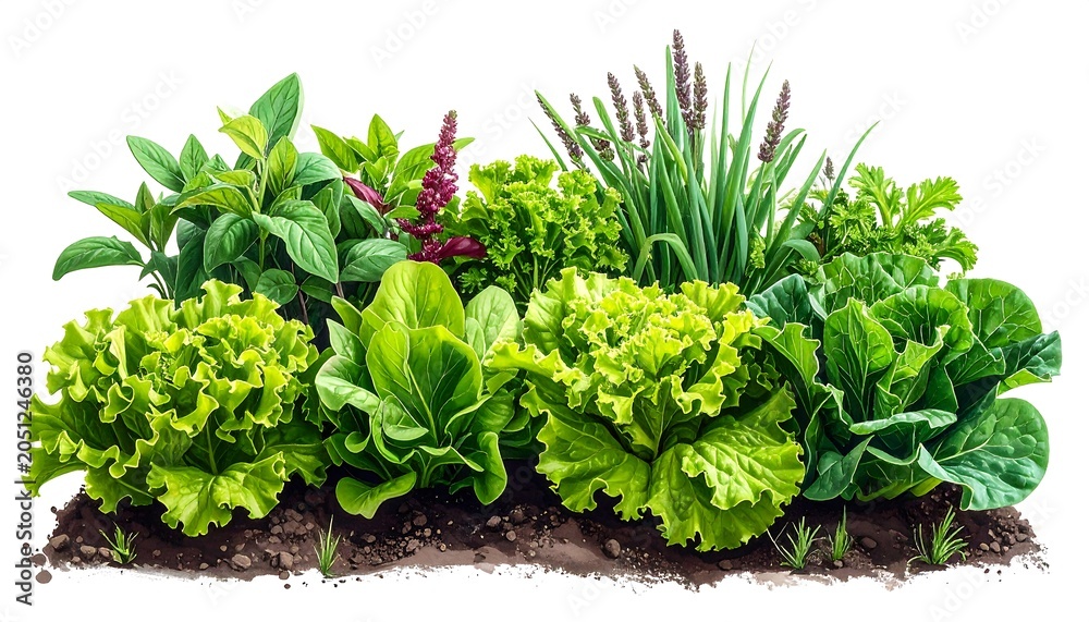 Obraz premium A vibrant illustration showcasing various leafy green vegetables and herbs growing in rich, dark soil, ready for harvest