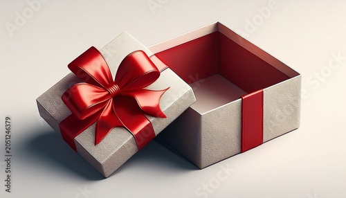 Open Gift Box Or Present Box With Red Ribbon Bow Isolated On White Background With Shadow D Rendering