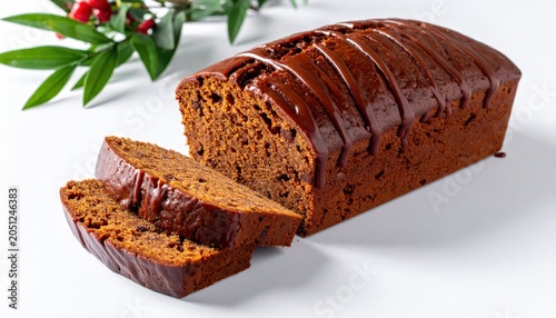 A rich, dark glazed fruitcake loaf, sliced to reveal a dense, moist crumb, ready to be enjoyed.