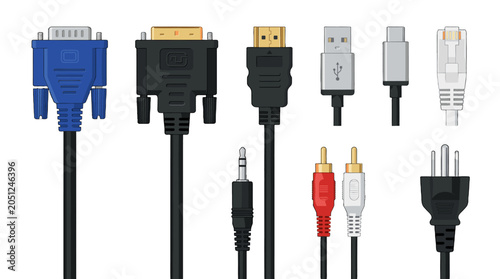Set of computer and audio cable connectors in vector style