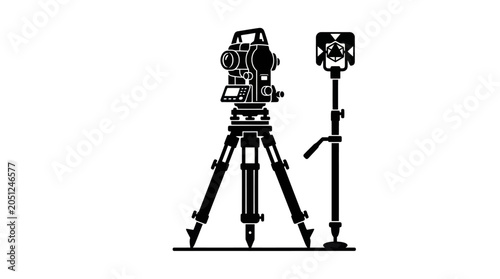 Total Station and Prism Pole Silhouette Vector for Land Surveying