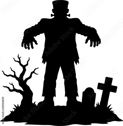 Frankenstein monster silhouette with tombstone and tree, spooky illustration