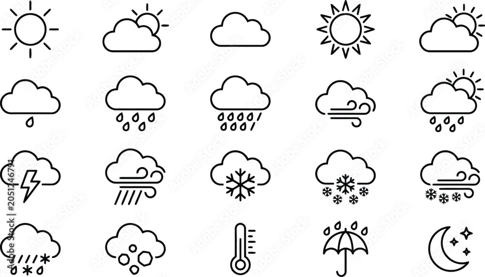 Fototapeta premium Weather Icons Line Art Symbols For Atmospheric Conditions