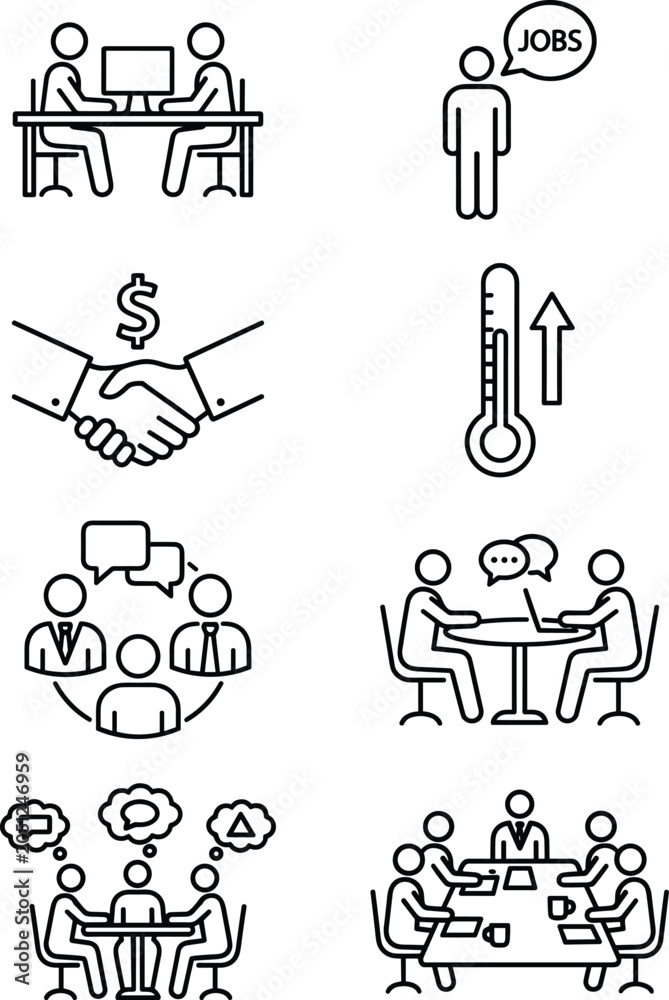 Fototapeta premium Business Communication and Recruitment Line Icons Set Featuring Meetings Negotiation Teamwork Hiring and Corporate Collaboration