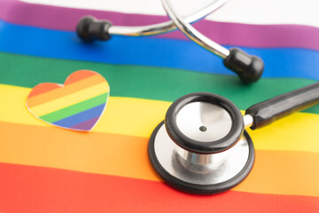LGBT symbol, Stethoscope on rainbow flag, rights and gender equality, LGBT Pride Month in June.