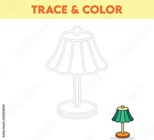 Trace and Color Table Lamp Worksheet for Kids Printable Furniture Activity