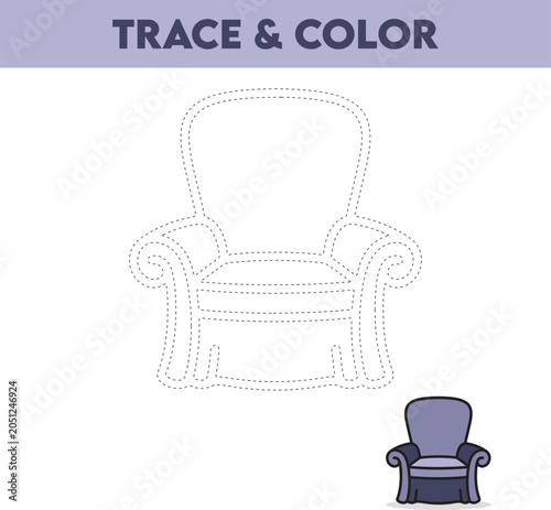 Trace and Color Armchair Worksheet for Kids Printable Furniture Learning Activity