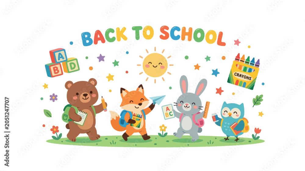 Fototapeta premium Back To School Fun: Adorable cartoon animals—a bear, fox, rabbit, and owl—dressed as students with backpacks and school supplies.