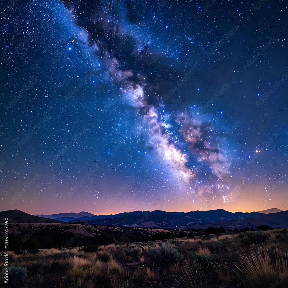 Obraz premium A vibrant nightscape showcases the Milky Way sprawling across a dark, star-filled sky. Below, a silhouetted mountain range is visible