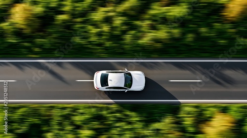 White car moves swiftly on asphalt road.