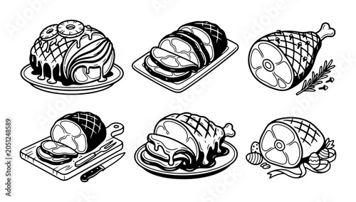 Cuadro en lienzo Hand-Drawn Ham and Roast Collection, Festive Food Illustrations, Black and White