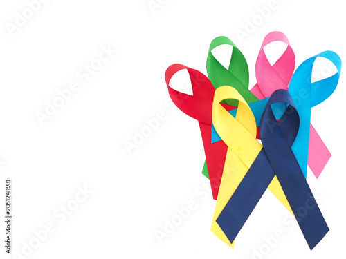 World cancer day, February 4. Blue, red, green, pink and yellow ribbons on white background. Healthcare awareness day concept.