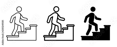 Stick Figure Climbing Stairs Icons, Progress and Success Vector Graphics, Simple Movement Symbols