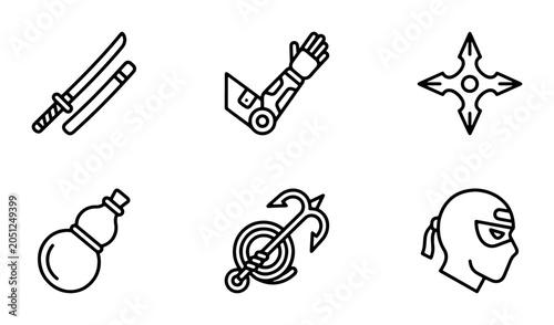 Obraz na plátne Ninja Warrior Icons, Samurai Sword & Shuriken Vector Set, Martial Arts Equipment