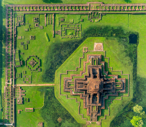 Aerial view of the ancient ruins of Sompur Mahavihara showing the cruciform central temple and monastic cells in Naogaon District, Rajshahi Division, Bangladesh.