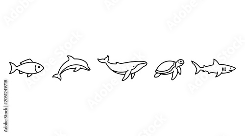 Tableau sur toile Set of aquatic animal line icons depicting fish dolphin whale turtle and shark silhouettes for marine biology and oceanography research