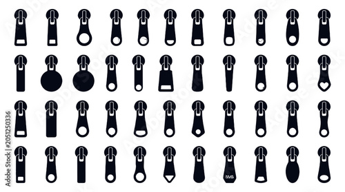 Set of zipper pull tab icons in black silhouette style