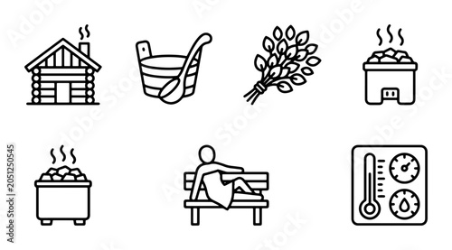 Foto Sauna Icons Set: Relaxation, Wellness, Steam Bath, Heat, Hygiene, Thermometer, W