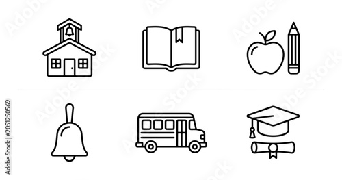 Принти на полотні Education Icons Set: School Building, Book, Apple, Bell, Bus, Graduation Cap & D