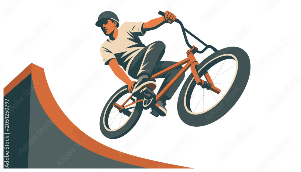 Obraz premium Man Riding Bike Down Ramp.