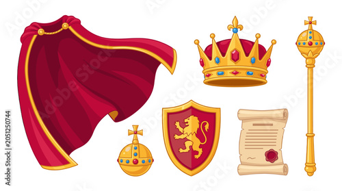 Royal regalia set with crown cape shield scepter and scroll