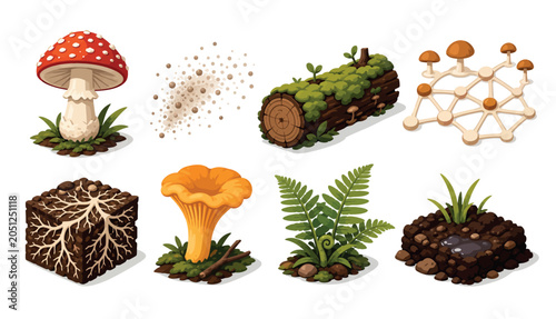 Schilderij op canvas Mushrooms and Fungi Growing.