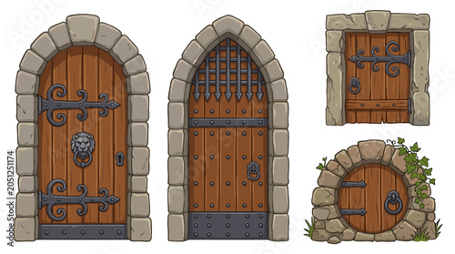 Set of medieval wooden doors with stone frames and iron hinges