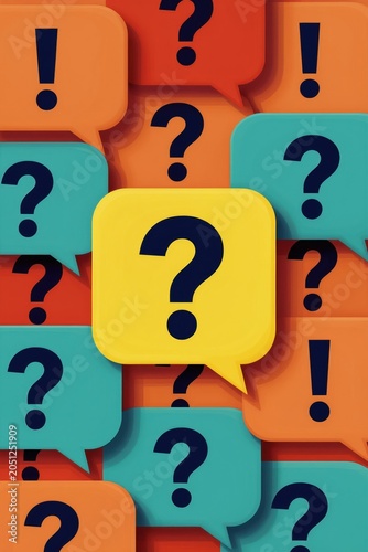 Collection of speech bubbles filled with question marks and exclamation points. Symbolizes confusion, doubt, curiosity, and inquiry. Represents problem solving and search for answers.