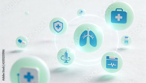 Floating mint lungs orb hovering above gray surface showing glowing rings and blurred medical orbs
