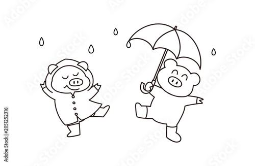 Bild auf Leinwand 雨の日を楽しむかわいい豚のキャラクターカラーイラストセット ベクターデザイン