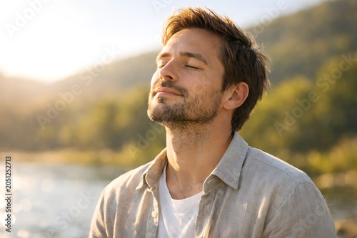 Serene Man Embrace Fresh Air Outdoors, Golden Hour Backlight, Peaceful Facial Expression, Well-being