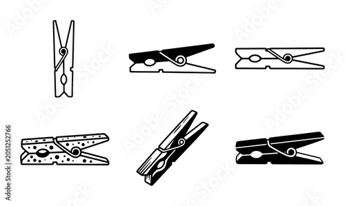 Clothespin Icons Set, Wooden and Plastic Clothes Pegs, Laundry Clips Vector Collection