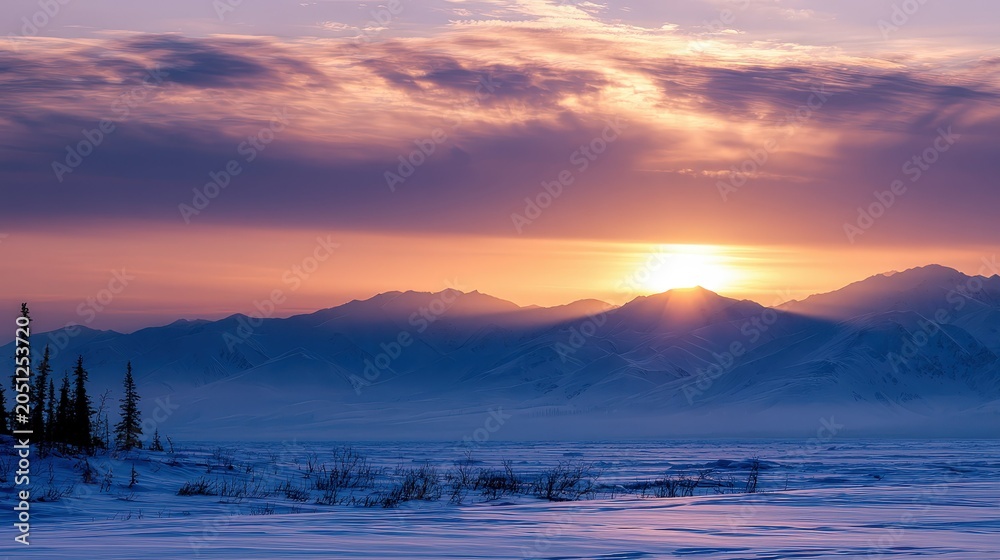 Fototapeta premium Sunrise over snowy mountains in Alaska with orange and purple skies on a cold winter morning