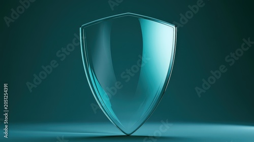 Transparent shield rests on a smooth surface with a solid blue background during evening light