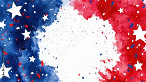 Colorful background with red white and blue splashes and stars for a celebration or event in a festive setting