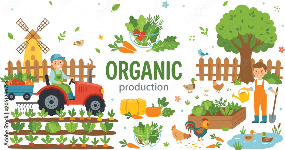 Naklejka premium Organic production farming vector illustration set with kids driving tractor watering vegetables and livestock animals